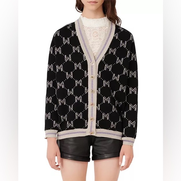 Maje Sweaters - Maje Martch Monogrammed Metallic Jacquard Silver Black Cardigan